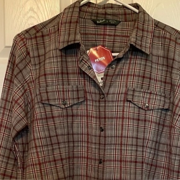 NWT Woolrich Mercer shirt Sz LP Plaid opalescent pearl snaps gray red black - Picture 1 of 12
